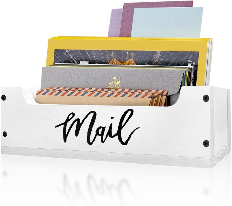 KISENG White Wooden Mail Organizer Countertop - Mail Organizer Wall Mounted, Office Mail Holder, Desktop Mail Basket for Counter, Letter Holder Box for Home Office Decor (White + Black, 3.15") - Image 1